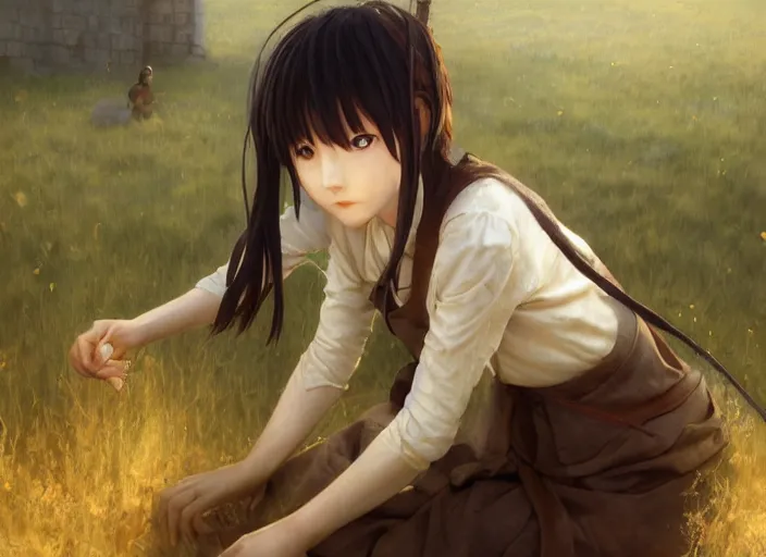 Image similar to lain iwakura from serial experiments lain as medieval peasant working in the field wiping off sweat from forehead cute ember eyes hairpin wonderful masterpiece highly detailed scifi, beautiful cinematic light deep focus, elegant, digital painting, smooth, sharp focus, golden ratio, dramatic illumination, ultra realistic, 4 k, art by greg rutkowski wlop rossdraws