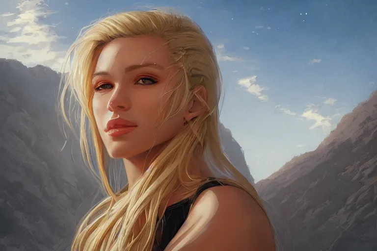 Prompt: a portrait of a blonde woman in a scenic environment by artgerm and greg rutkowski