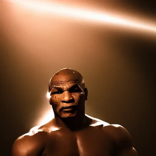 Image similar to a still of mike tyson, cinematic, 4 k, god rays through fog