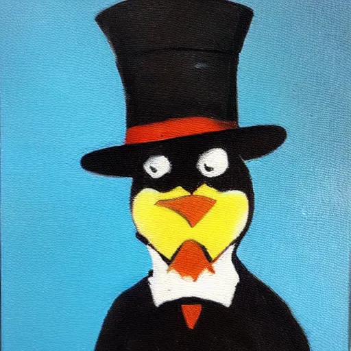 Prompt: An oil painting of a penguin wearing a tophat