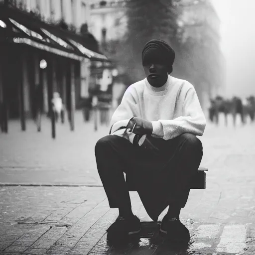 Image similar to black and white fashion photograph, highly detailed portrait of a depressed white drug dealer sitting on a bench on a busy Paris street, looking into camera, eye contact, natural light, rain, mist, lomo, fashion photography, film grain, soft vignette, sigma 85mm f/1.4 1/10 sec shutter