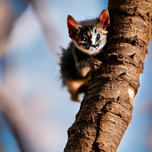 Image similar to a bat kitten, in a tree, Canon EOS R3, telephoto, very detailed, 4k