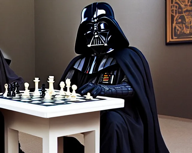 Image similar to darth vader playing chess with a witch lord voldemort