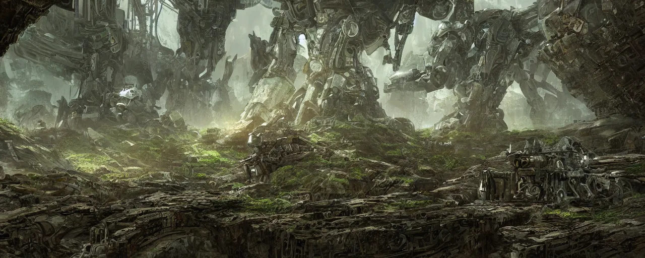 Image similar to ancient biomechanical mecha embedded in the ground, biomechanical aztec landscape in forest, concept art, 4 k, matte painting