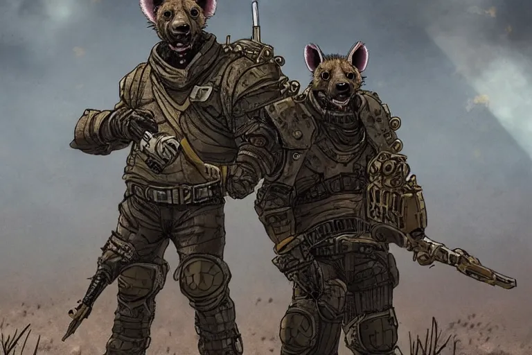 Image similar to a good ol'hyena fursona ( from the furry fandom ), heavily armed and armored facing down armageddon in a dark and gritty version from the makers of mad max : fury road. witness me.