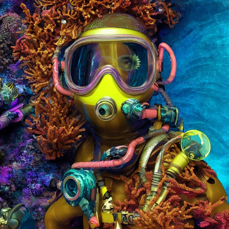 Image similar to octane render portrait by wayne barlow and carlo crivelli and glenn fabry, subject is a shiny reflective psychedelic colorful dieselpunk scuba diver with small dim lights inside helmet, surrounded by bubbles inside an exotic alien coral reef aquarium full of exotic fish and sharks, cinema 4 d, ray traced lighting, very short depth of field, bokeh