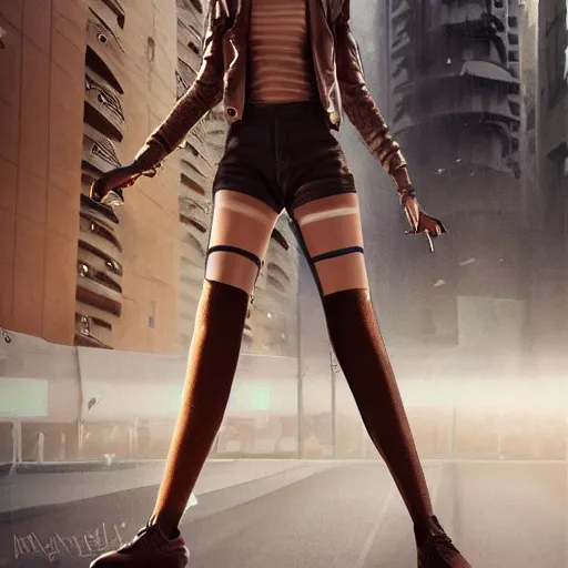 Image similar to a fashion model, creative, brown skin, digital art, photo manipulation, artstation, standing, cyberpunk, giant, street, duck shoes, up there, photoshop