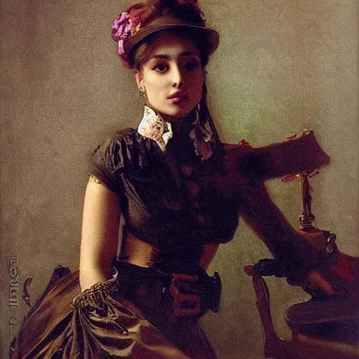 Image similar to Portrait of Ariana Grande in a steampunk blouse, vintage shading, by Ilya Repin