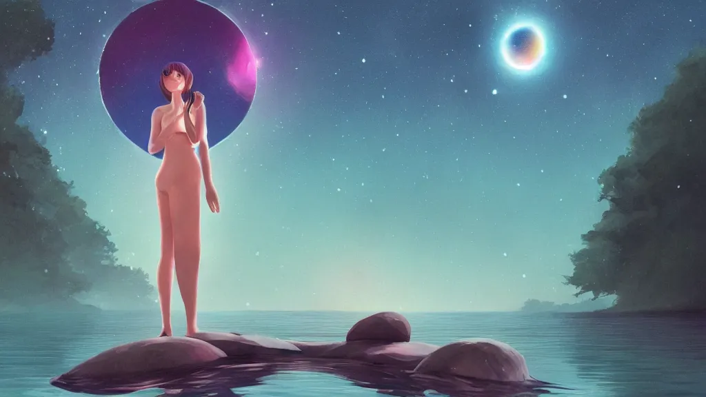 Image similar to a beautiful whimsical woman standing in a lake basking in the moonlight, underneath a multi-colored binary blackhole with an accretion disc, timelapse, by Lois van Baarle, by Greg Rutkowski, by artgerm, by beeple, by studio ghibli, cinematic angle, volumetric lighting, 4k resolution, octane render, trending on artstation, masterpiece