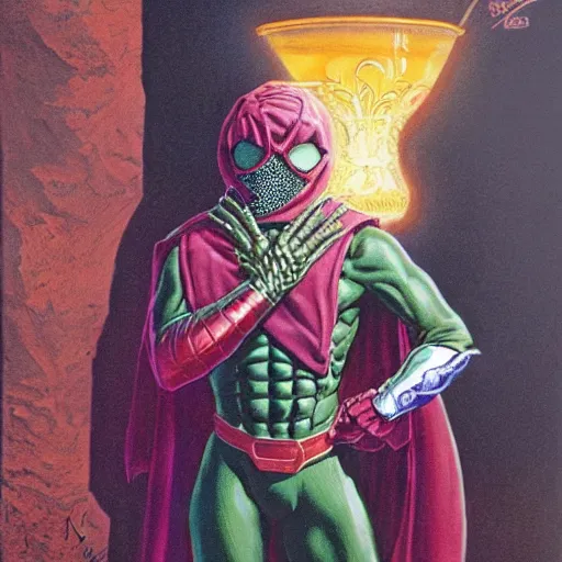 Prompt: Mysterio drinking tea, artwork by Earl Norem,