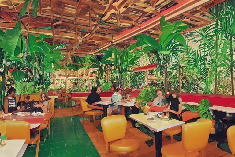 Prompt: 1 9 8 5 tropical jungle themed classic american diner, people sitting at tables, junglecore, one point perspective, americana, restaurant interior photography