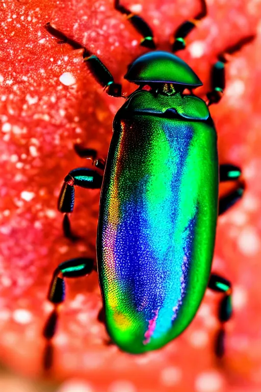Prompt: high quality macro photo iridescent Red spotted crystal beetle! gorgeous highly detailed david ligare elson peter cinematic blue lighting high quality low angle hd 8k sharp shallow depth of field