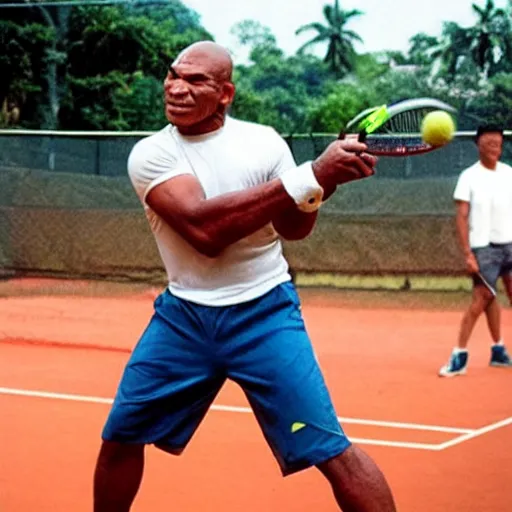 Prompt: mike tyson playing tennis in vietnam