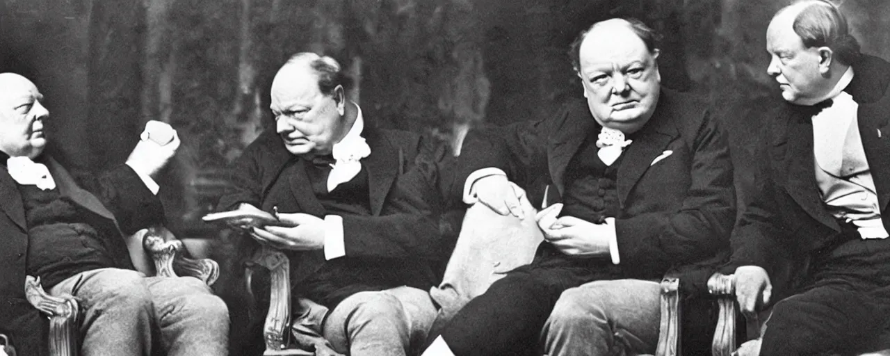 Image similar to Winston Churchill talking to Napoleon Bonaparte, vintage photo