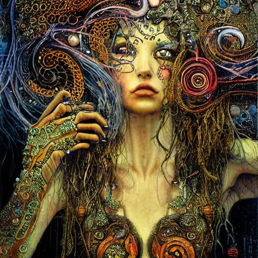 Image similar to cybernetic demon dreaming, lsd, circuitry, intricate detail, klimt, royo,