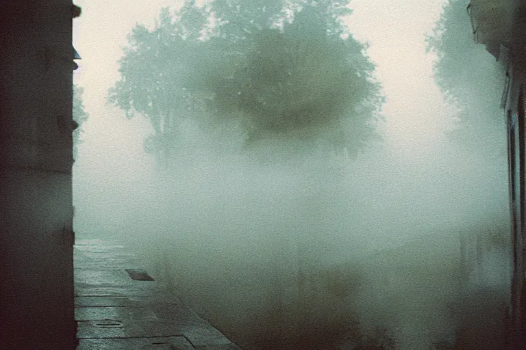 Image similar to the backrooms, film photography watercolored misty fog