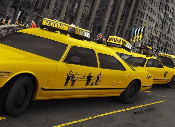 Prompt: 🚓🚕🚖, lowbrow, matte painting, 3 - d highly detailed, in the style of michael irvine,