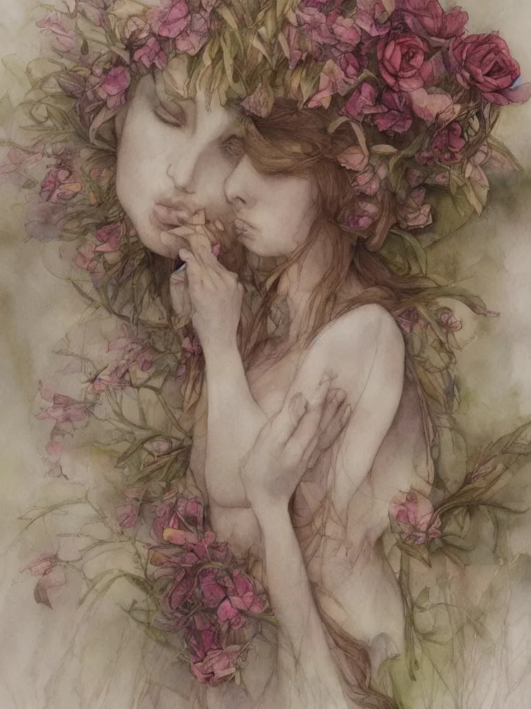 Image similar to study of a flower fairy, illustration, watercolor, alan lee, detailed, pretty, ethereal, realistic, artstation,