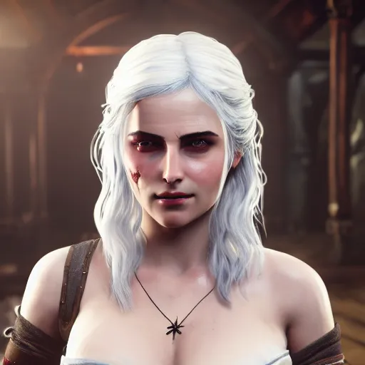 Image similar to painting of Ciri from the Witcher 3 in wooden bath, 8k, uhd