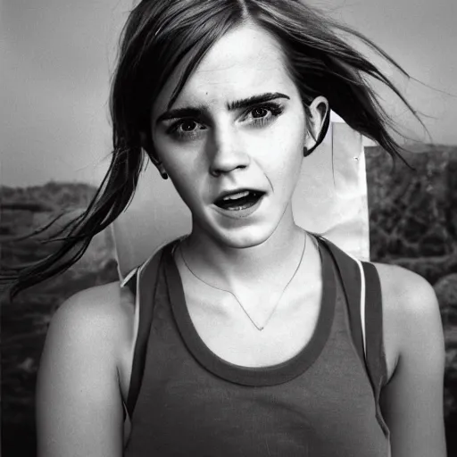 Image similar to photo, close up, emma watson in a hi vis vest, chewing tobacco, bump in lower lip, portrait, kodak gold 2 0 0,