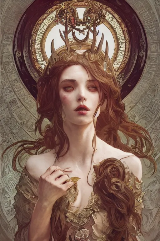 Image similar to beautiful demon peasant maiden with horns, intricate, elegant, highly detailed, digital painting, artstation, concept art, smooth, sharp focus, illustration, art by artgerm and greg rutkowski and alphonse mucha