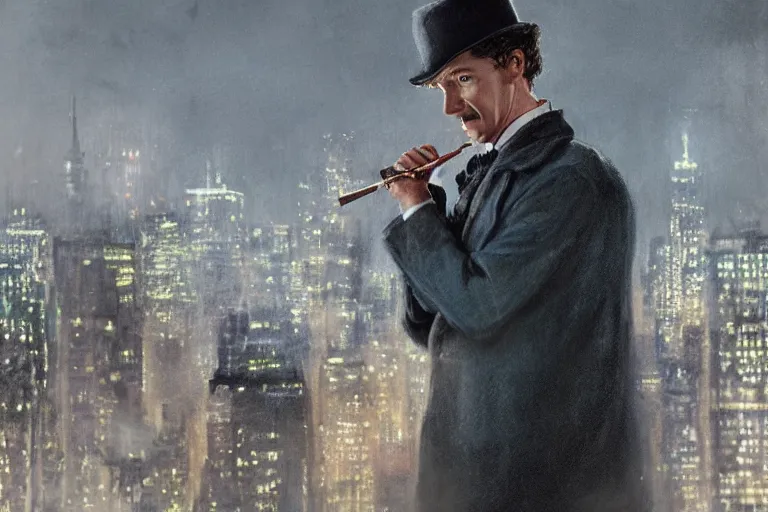 Image similar to beautiful face, portrait profile sherlock holmes tobacco pipe on a perch facing the city at night, smoke rising from pipe, smooth, focus, highly detailed, hyper realistic, dramatic lighting, intricate, concept art, new york skyline, looking down, movie still, art by wlop, greg rutowski, artstation