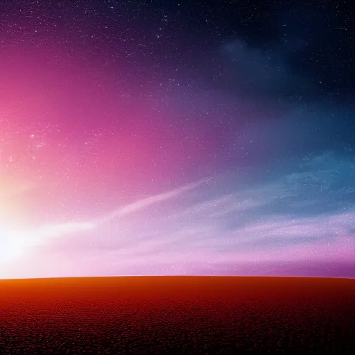 Prompt: Ground view of the surface of an exoplanet, sharp, detailed, clouds, exotic endless horizon, beautiful landscape, colorful, award winning photography