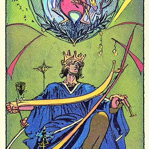 Image similar to the tarot card of the magician painted by moebius.