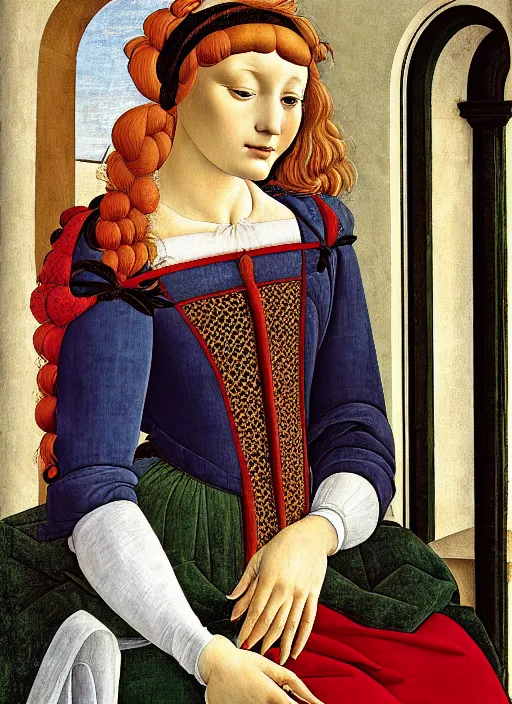 Image similar to portrait of young woman in renaissance dress and caul, art by sandro botticelli