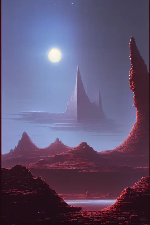 Prompt: emissary building from crait but on the surface of the planet dathomir by arthur haas and bruce pennington and john schoenherr, cinematic matte painting, 8 k, dark color palate