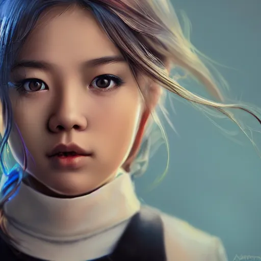 Prompt: a photorealistic hyperrealistic, bright blue eyes, light asian young girl, ponytail hair, flawless face, asian eyes, cute face, black turtle neck shirt, by wlop, artgerm, greg rutwoski, alphonse mucha, beautiful dynamic dramatic low - light moody lighting, cinematic atmosphere, artstation, concept design art, octane render, 8 k