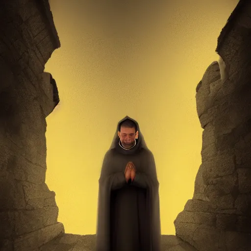 Image similar to Digital portrait of a terrified catholic priest in his thirties kneeled in fervent prayer at the summit of a medieval tower. Looking up with eyes wide open with fear looking straight at the viewer. Dressed in white. An ominous yellow shadow is descending upon him from the night sky. Award-winning digital art, trending on ArtStation
