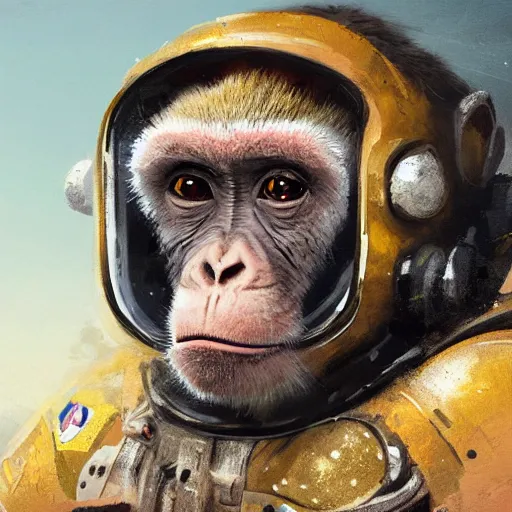 Prompt: portrait of a monkey in spacesuit, closeup, digital painting by Greg Rutkowski