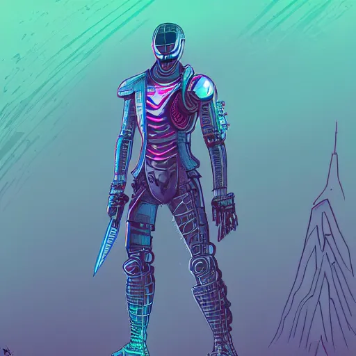 Prompt: katana zero video game character, huge sword, futuristic full body armor, cyborg, synthwave art, colorful, digital art, thiago lehmann