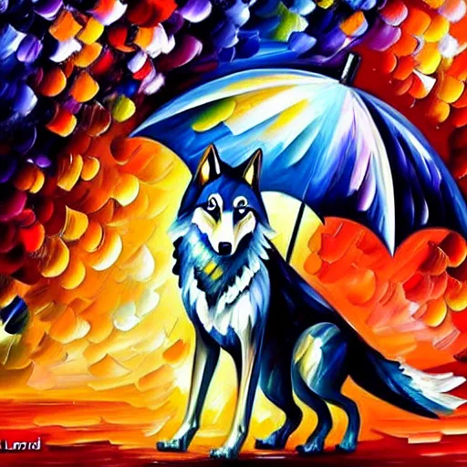 Prompt: wolf under umbrella by leonid afremov