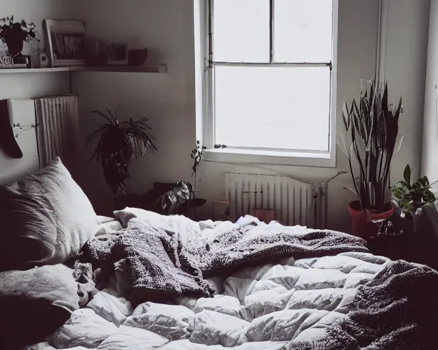 Prompt: a photo of a cosy bedroom, filmic, vhs, 9 0 s footage, relaxing, houseplants