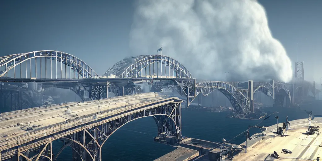 Image similar to a big harbour bridge collapses after explosions in the form of white cotton plants, 3 d octane render, epic lighting, 8 k, by goro fujita