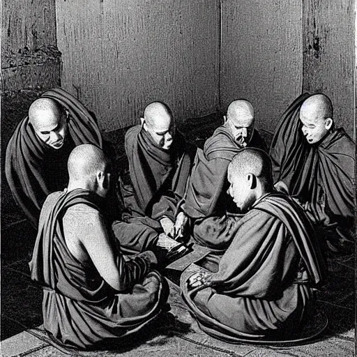 Image similar to 5 monks kneeling in a circle with wires coming out of the back of their heads connecting them to a computer in the center, dark shadowy surroundings, dystopian scifi, horror