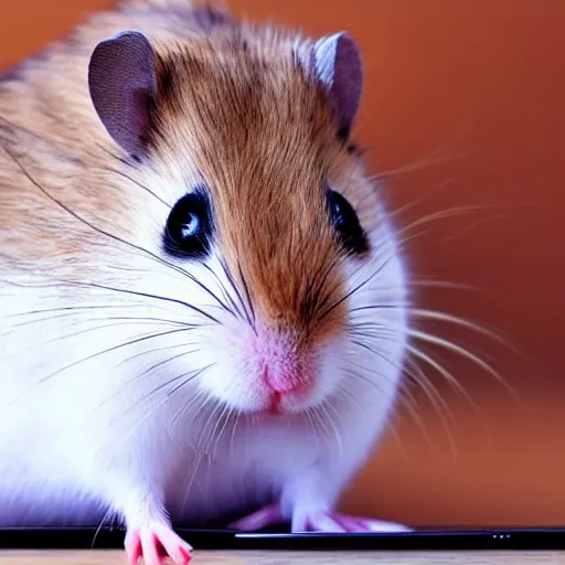 Image similar to a hamster is looking at his cell phone