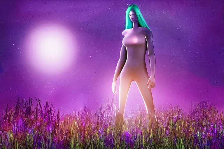 Image similar to a digital painting of a extraterrestrial alien female that's lost in a meadow, tall plants, purple lighting, night sky, glows, moonlight,