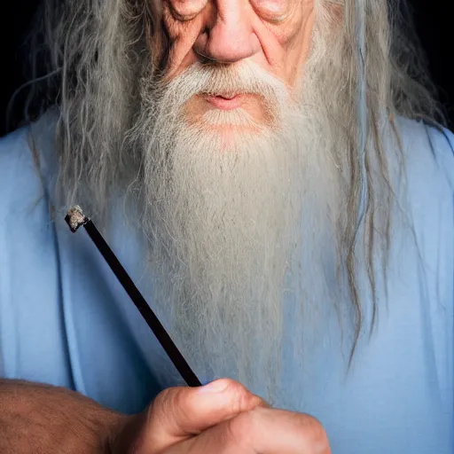 Image similar to a closeup studio photographic portrait of gandalf smoking a joint, studio lighting