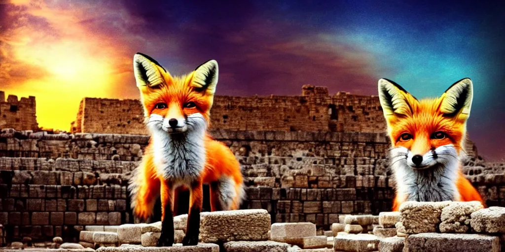 Prompt: a beautiful small fox in the huge ruins of the second temple in jerusalem, dreamy sky, the third temple hovers quietly hiding in the sky above, very colorful painting 8 k trending on art station, intricate superb details, digital art, very very very realistic, cinematic lighting, volumetric lighting, photographic, blur bokeh defocus dof sky by afremov.