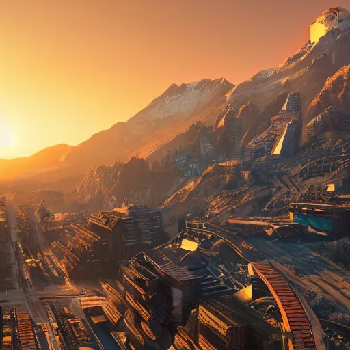 Image similar to beautiful sunset over detailed cyberpunk suburb in a valley surrounded by epic mountains with snowtops, sharp, highly detailed, hyperrealistic, kacper niepokolczycki, syd mead, 4 k, perfect geometry