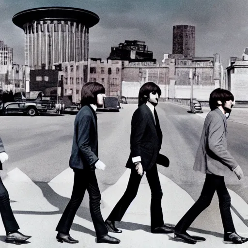 Image similar to the beatles on the run, baby arizona film styling, 8 k higly detailed cinematic lighting, moma museum