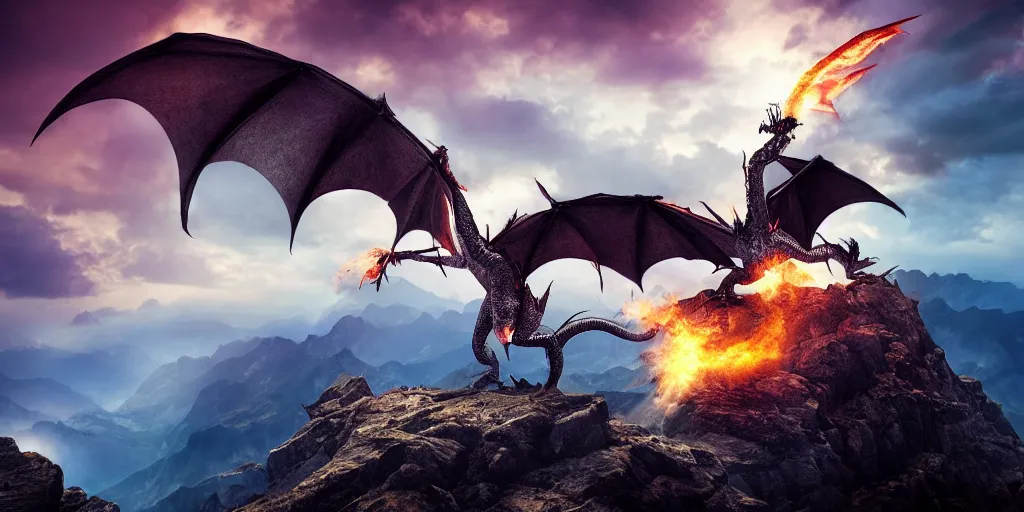 Image similar to A impressive single dragon with half open wings breathing fire and standing on the top of a mountain, epic composition, epic lighting, detailed and intricate image, cinematic, 4K