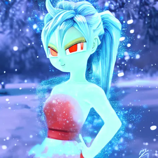 Prompt: portrait focus of Super Saiyan beautiful 3D anime gir !!! posing, frozen ice !! dark forest background, snowing, bokeh, inspired by Masami Kurumada, digital painting, high contrast, unreal engine render, volumetric lighting, high détail