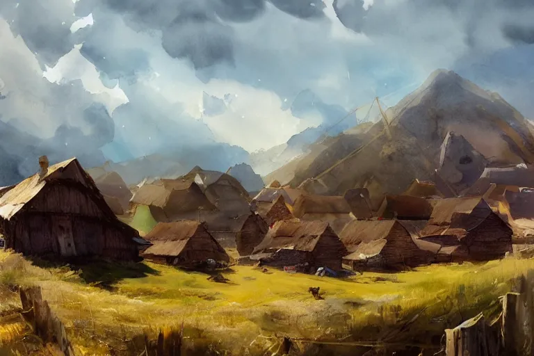 Image similar to paint brush strokes, abstract watercolor painting of rustic village at midday, straw roof, hay, viking town, ambient lighting, art by hans dahl, by jesper ejsing, art by anders zorn, wonderful masterpiece by greg rutkowski, cinematic light, american romanticism by greg manchess, creation by tyler edlin