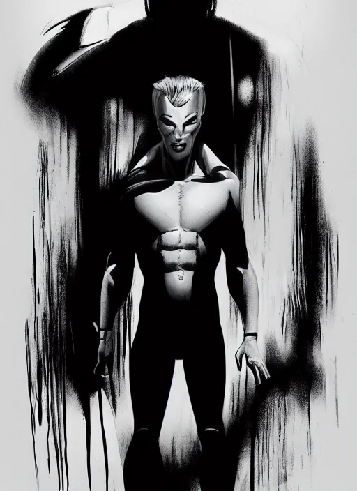 Prompt: aesthetic digital illustration of a solitary handsome young killer standing in an empty white room by brian bolland, rachel birkett, alex ross, and neal adams | sinister, dangerous, character concept, concept art, unreal engine, finalrender, centered, deviantart, artgerm