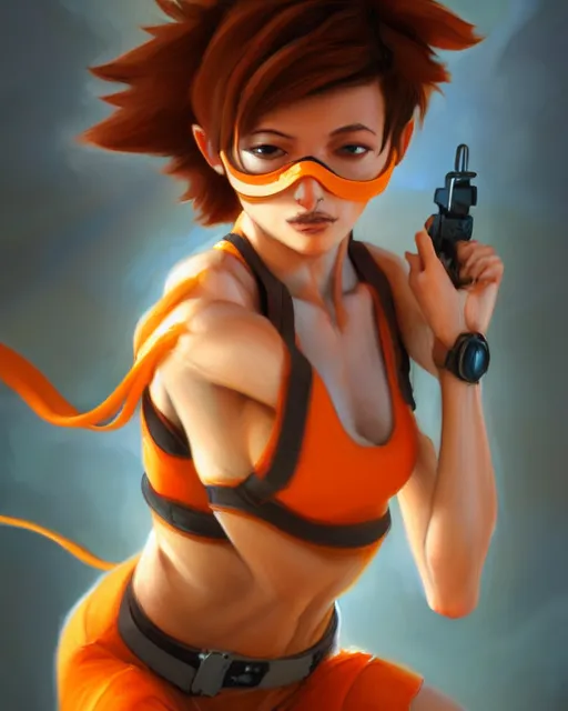 Prompt: tracer running wearing orange halter top, perfect face, brown hair, abs, cinematic, stunning, cute, adorable, strong, highly detailed, psychedelic, digital painting, artstation, smooth, hard focus, illustration, art by jessica rossier and and brian froud