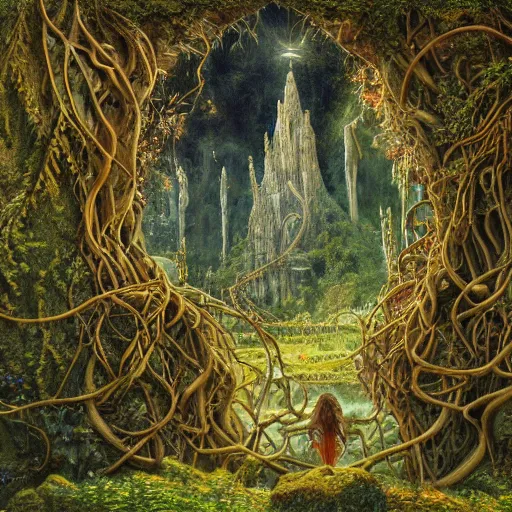 Prompt: a beautiful and highly detailed oil painting of a lost elven temple deep in the mountains, ancient runes, tangled vines, lush plant growth, tall grass, flowers, carved stone, intricate details, epic scale, insanely complex, rivendell, 8 k, sharp focus, hyper realism, fantasy landscape, psychedelic, by caspar friedrich and brian froud,